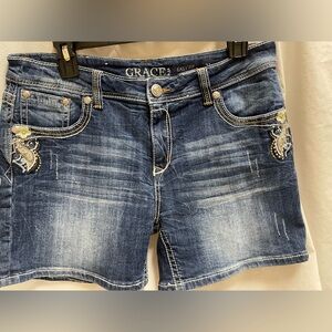 Grace In LA Women's Embroidered, Rhinestone, & Studded Denim Jean Shorts Sz 31